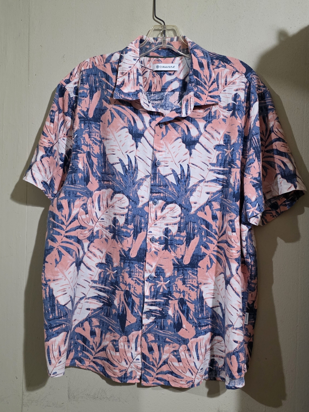 Cubavera Men's Tropical LEAF prinr Button Down Shirt Coral Navy Size XL Used
